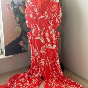 CHIC RACHEL ROY ANKA JUMPSUIT. ORANGE/WHITE CRINKLE, STRETCHY, HIDDEN ZIP SZ. S